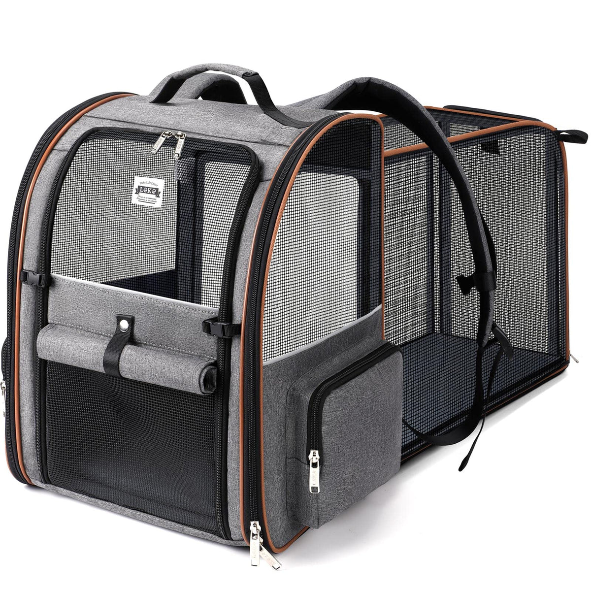 Lekebobor Cat Carrier Backpack, Expandable Pet Carrier with Sun Shade & Full Front Opening, Breathable Mesh Backpack for Small Dogs & Medium Cats Up to 18 Lbs, Foldable for Hiking, Camping (Grey)