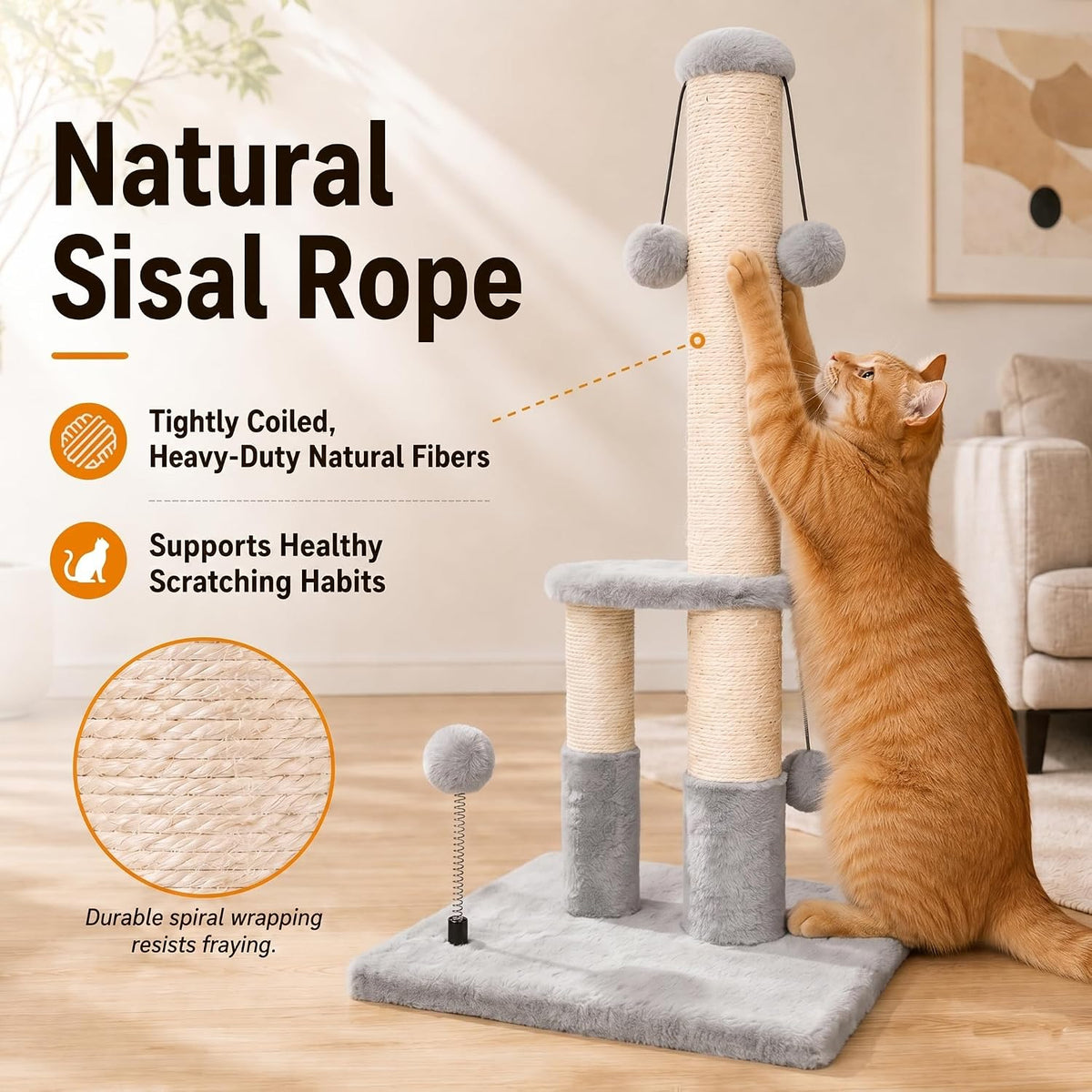Dimaka Tall Cat Scratching Post, Double Lower Posts Extra Stable Cat Post Tree Scratcher with Sisal Rope and Teasing 4 B