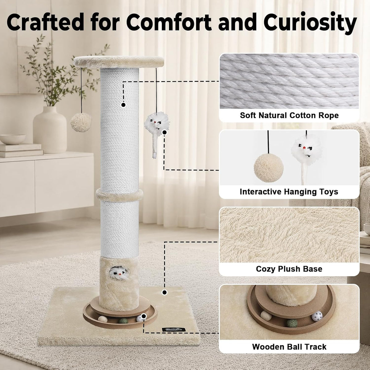 35-Inch Tall Cat Scratching Post, Stable Base for Large Cats, Beige