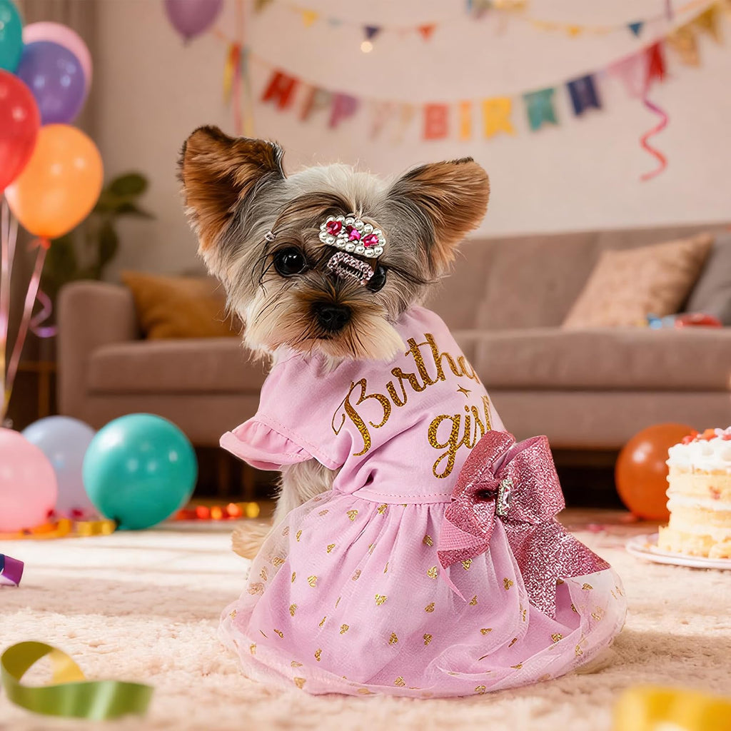 Dog Birthday Girl Dress Ruffle Dog Dress with Sparkly Pink Bowknot Tulle Birthday Princess Pet Clothes for Small Medium 