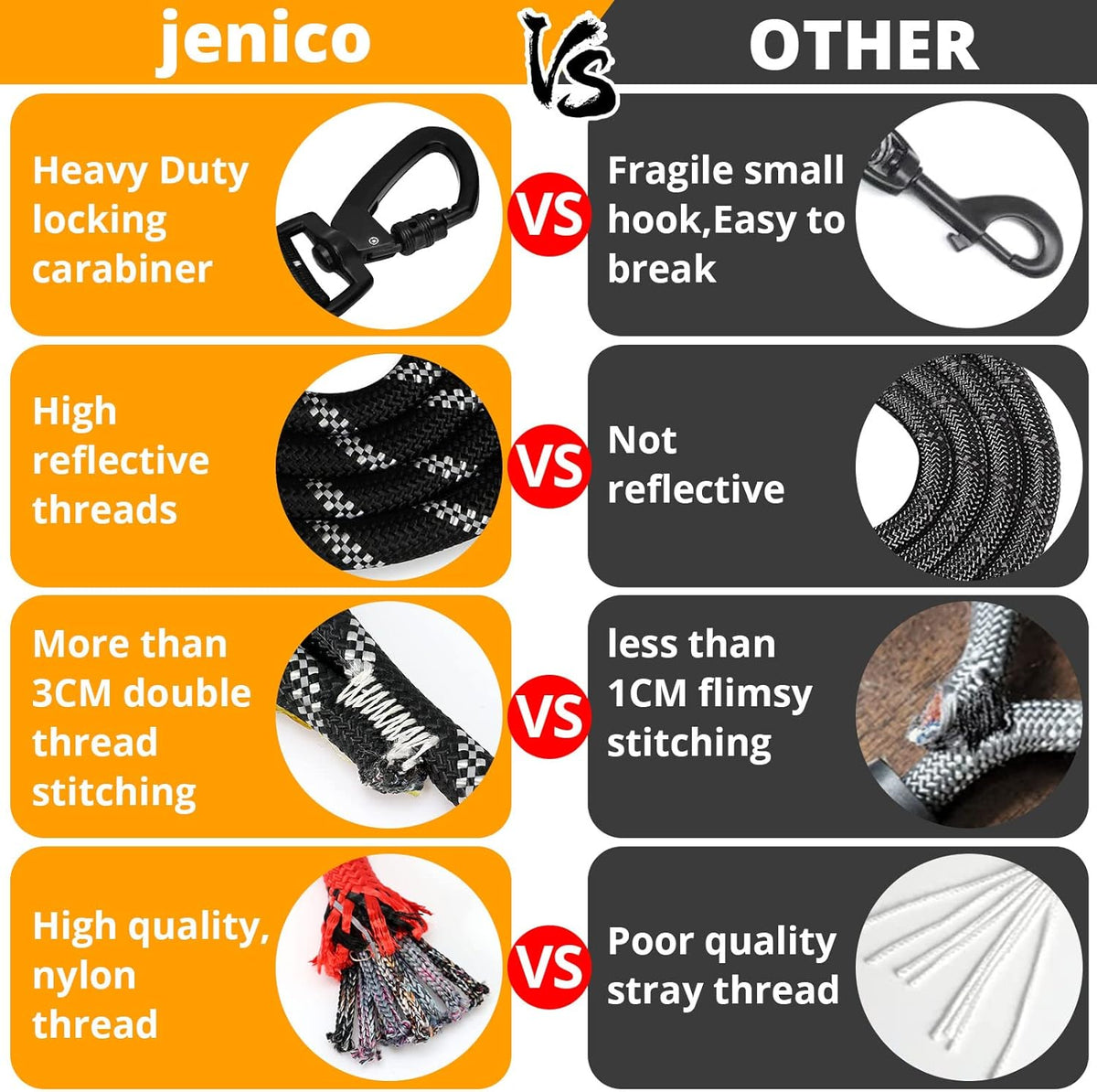 Long Dog Leash 10 FT: Heavy Duty Rope Leashes for Dogs Training with Swivel Lockable Hook Reflective Threads Bungee and 