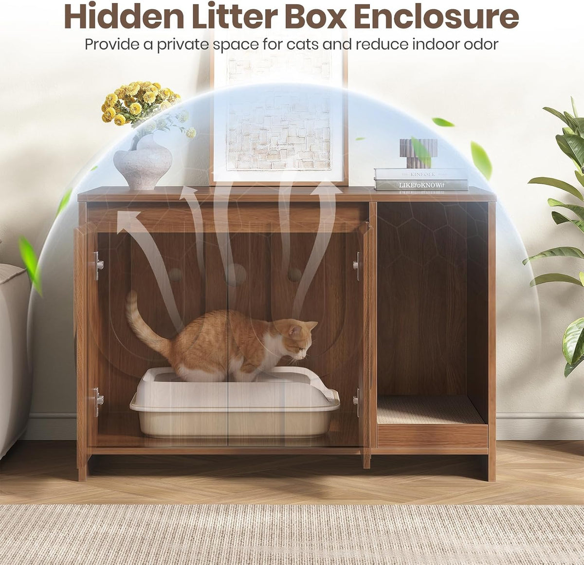 Halitta 31.5” Cat Litter Box Enclosure Furniture with Cat Scratch Pad