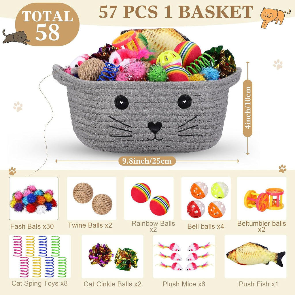 Zopeal 58 Pcs Cat Toy Set with Storage Basket Indoor, Grey, 9.8 Inch
