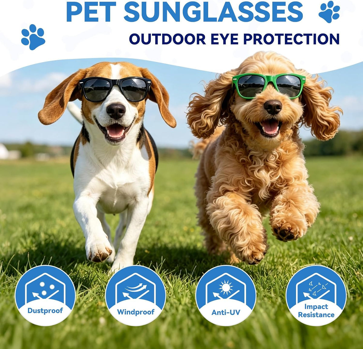 Dog Sunglasses for Medium Breeds, Outdoor UV Protection Pet Glasses with Adjustable Temples & Straps, Medium Dog Sun Gla