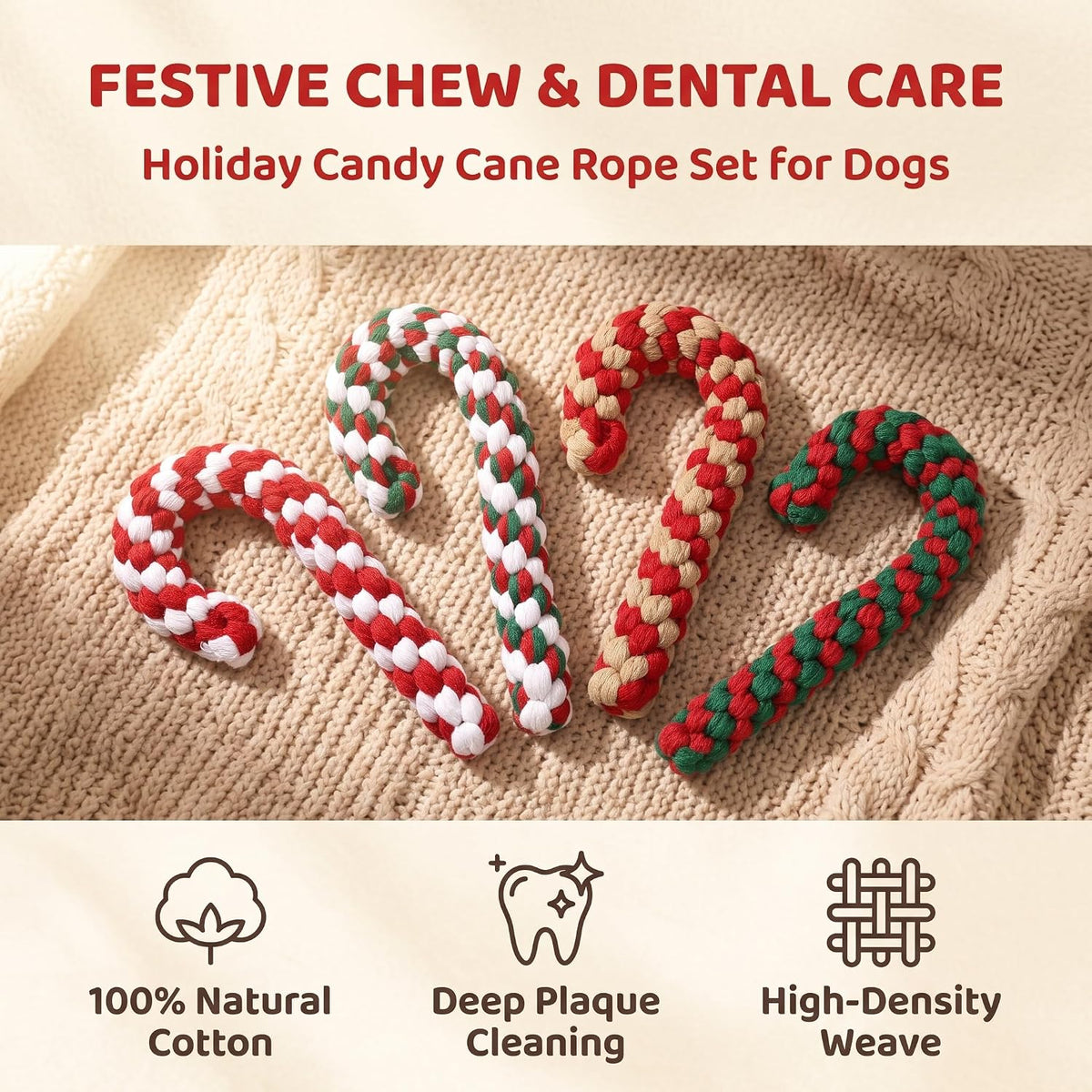 4 Pack Christmas Dog Rope Toys, Candy Cane Pet Toys for Interactive Play