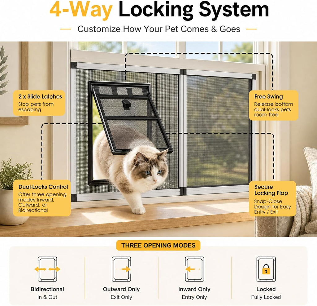 Bug-Proof Screen Cat Door for Window,Fits 30'' - 37'' Adjust Width Window