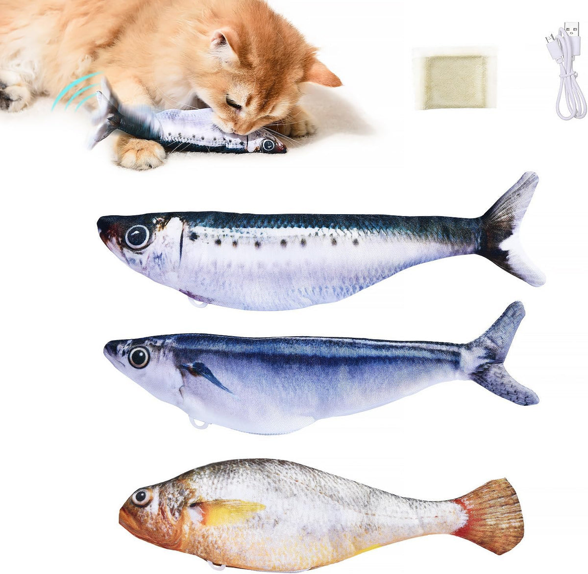 Petgravity Bite-Sized Realistic Flopping Fish Cat Toys, 3 Pack, Interactive Cat Toys for All Breeds, Tap-Activated 3 Fla
