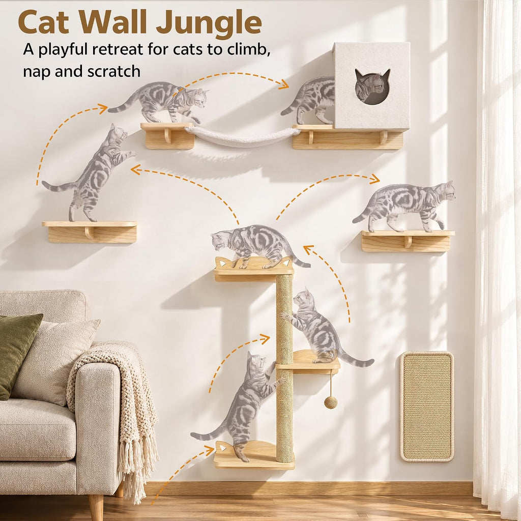 Wood Cat Wall Shelves, 11-in-1 Set, Wall Mounted Cat Shelf, Beige