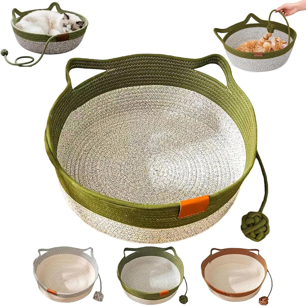 Hand-Woven cat Bed Basket with a Hanging Ball for Better Breathability (Caramel, Large)