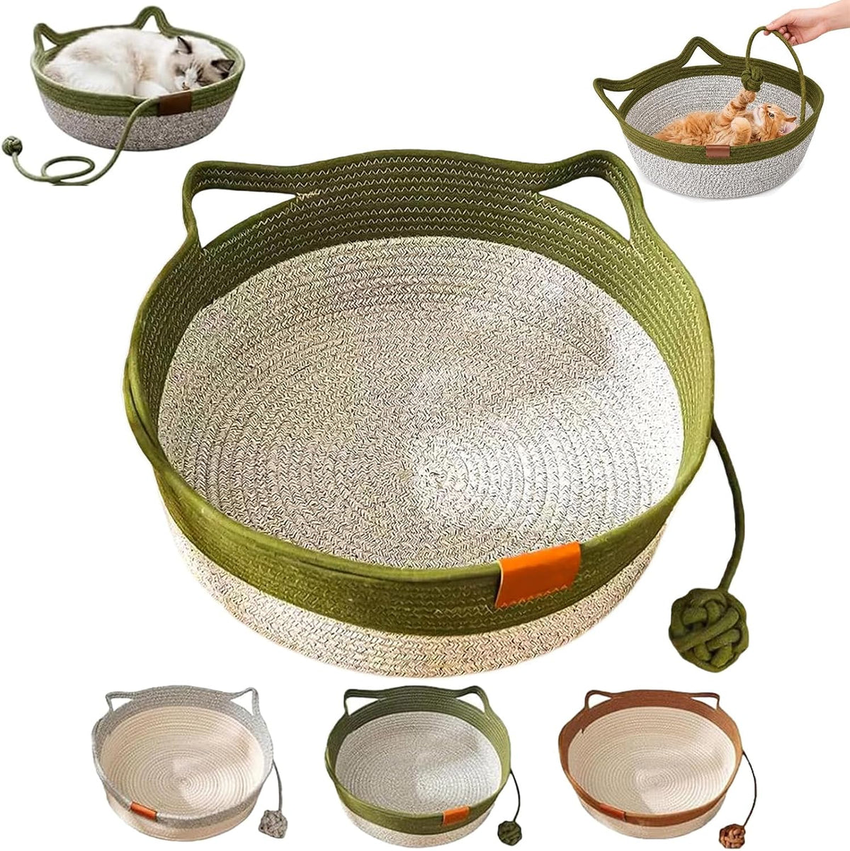 Hand-Woven cat Bed Basket with a Hanging Ball for Better Breathability (Caramel, Large)