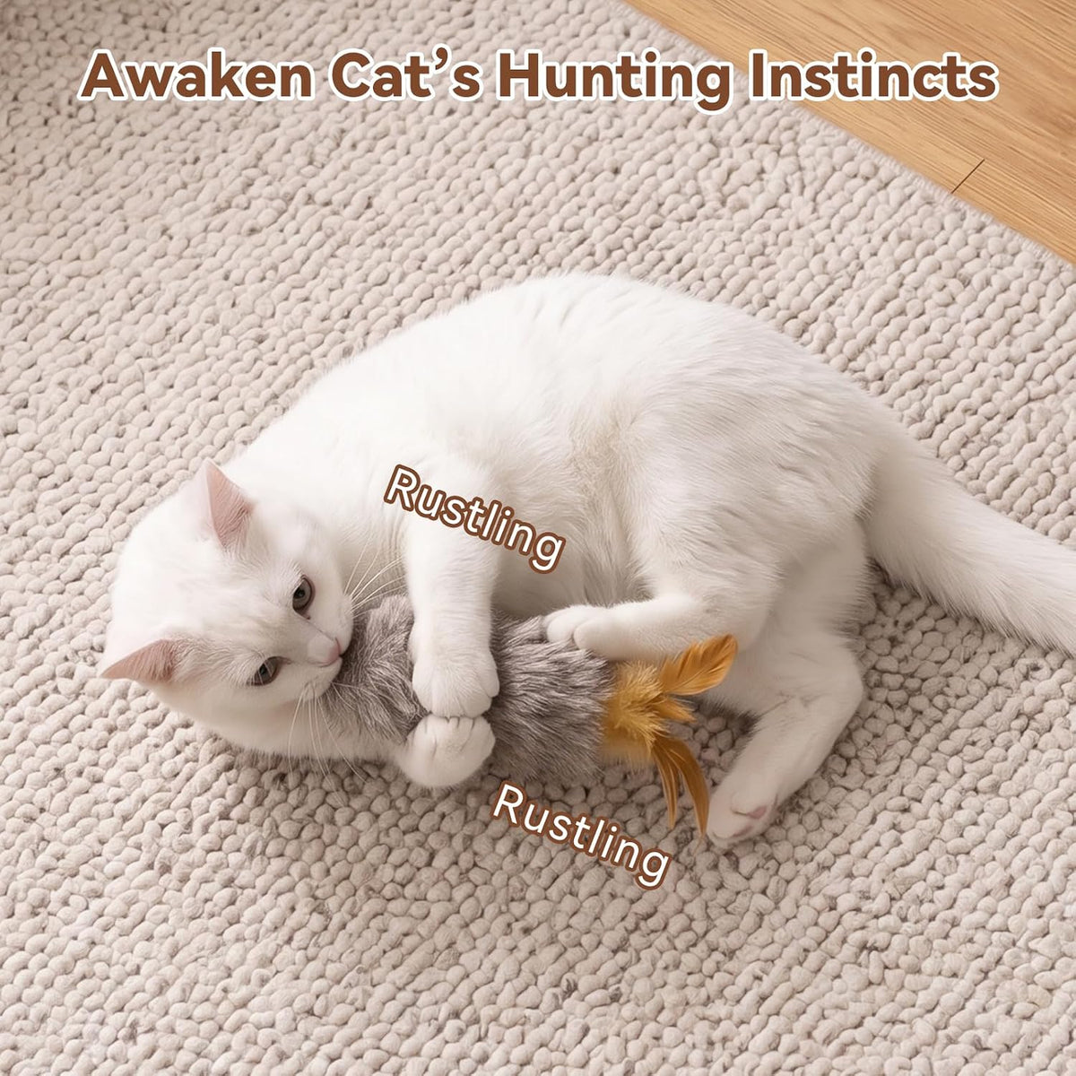 Migipaws Plush Cat Toy Migi-Fluffy, 2-Pack, Natural Feather & Catnip, Soft Fluffy Tail & Interactive Hanging Ring for Wa
