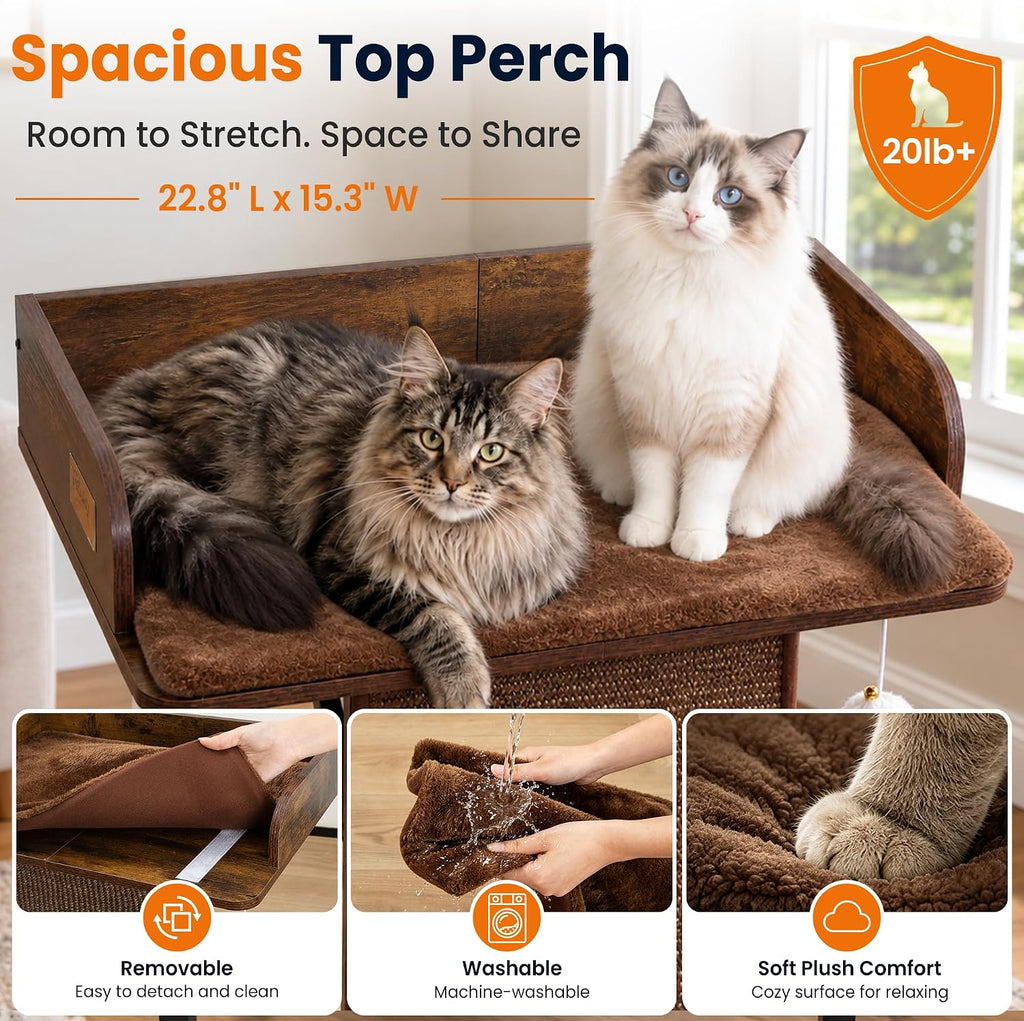 Modern Wood Cat Tree Tower for Indoor Large Adult Cats with Big Perch Bed