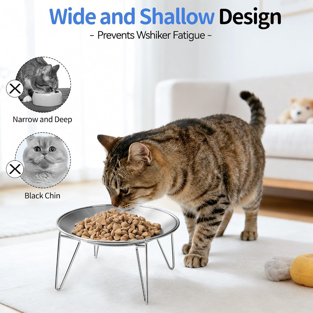 Elevated Cat Bowls, 304 Stainless Steel Raised Cat Dishes, Extra Wide Shallow Cat Bowl for Whisker Fatigue Relief & Flat