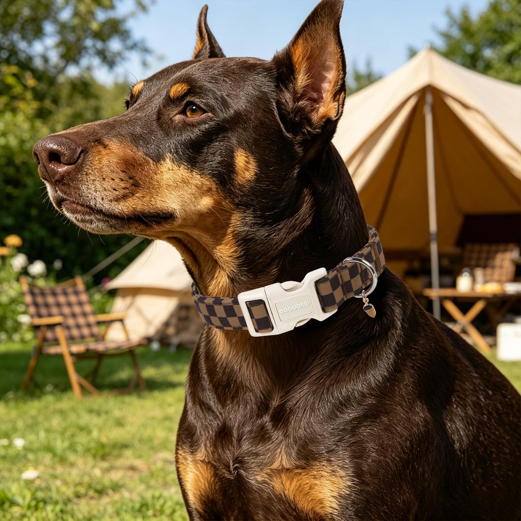 DOGWONG Brown Checked Dog Collar, Autumn Plaid Dog Collar,Western Grid Dogs Collars for Small Medium Dogs, Neck 11-16 inches