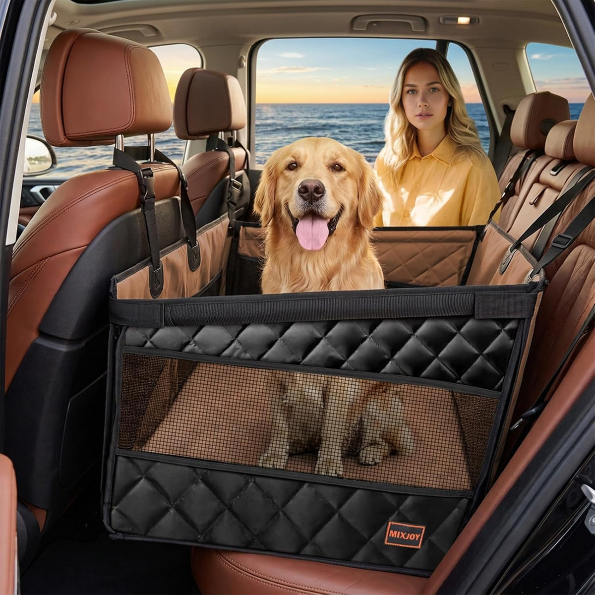 MIXJOY Dog Car Seat for Large Medium Dogs, Back Seat Extender for Pets, Waterproof Pet Carseat for Medium Sized Dog, Ham