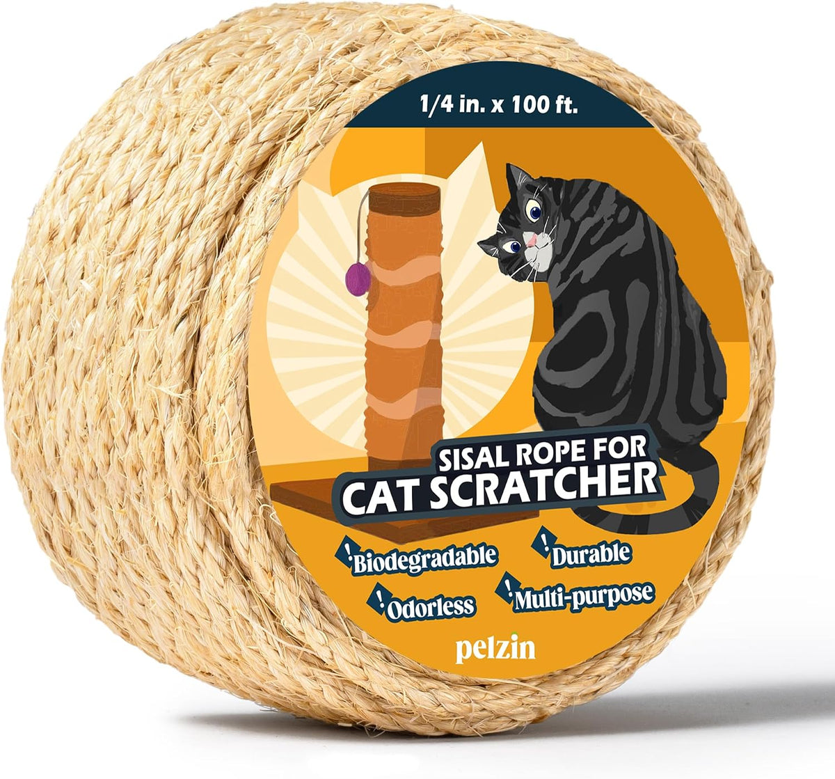 Natural Sisal Rope for Cat Scratcher and Scratching Post 1/4 Inch, 100 Feet