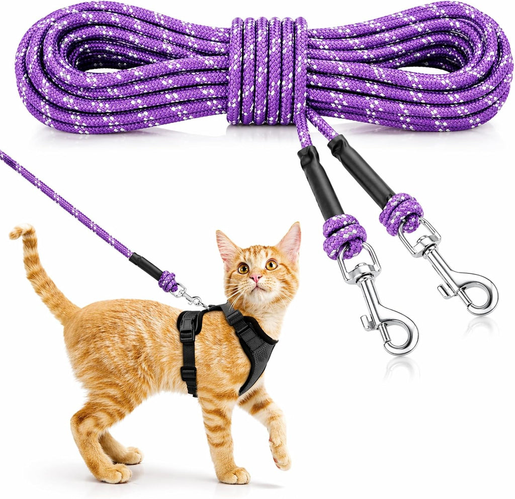 Reflective Cat Long Leash 15 FT, Outdoor Backyard Cat Tie Out Lead, Pink
