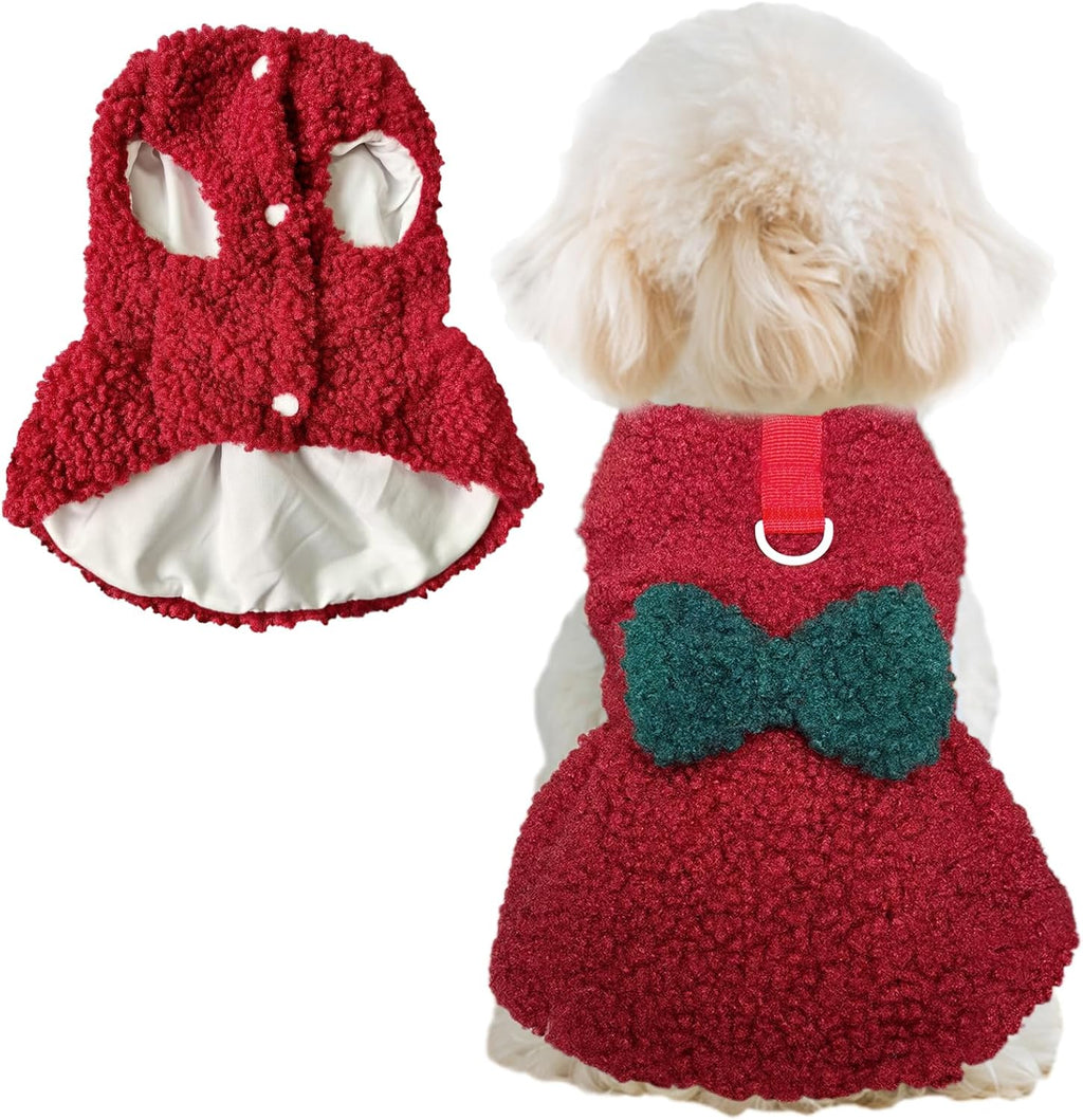 Winter Dog Dress with Bow & Leash Ring, Warm Puppy Clothes for Small Dogs