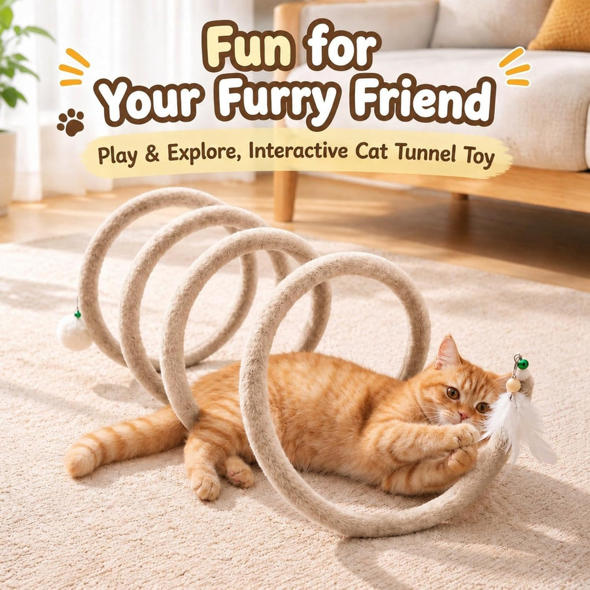 Cat Spiral Tunnel Toy, Plush Spring Coil with Feather Teaser, Bendable