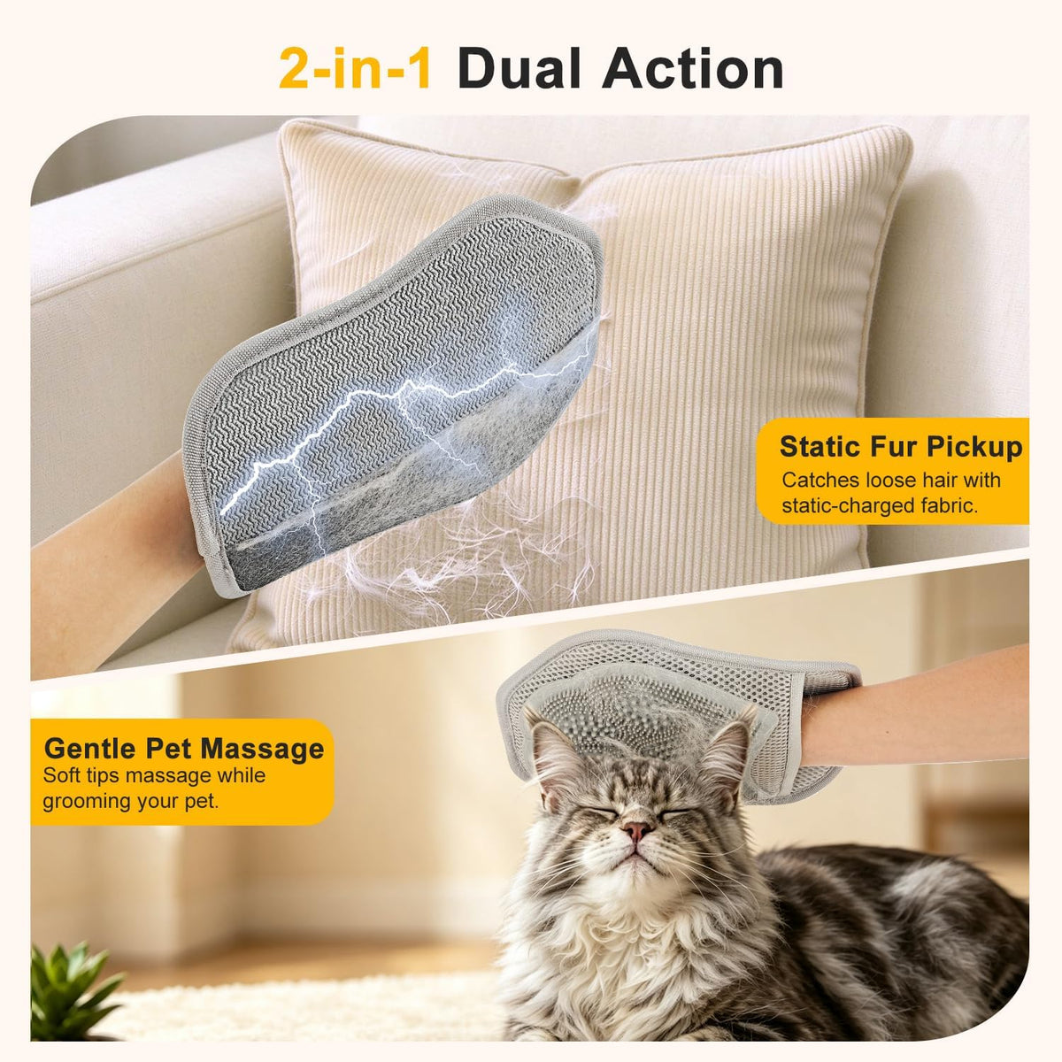 Pet Hair Remover Glove for Dogs & Cats, 2-in-1 Electrostatic Silicone Tips
