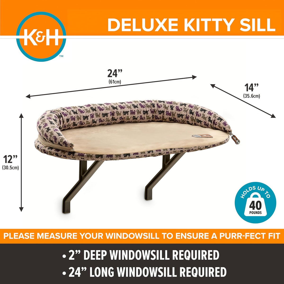 K&H PET PRODUCTS Deluxe Kitty Sill with Removable Bolster Tan/Kitty Print 14 X 24 Inches
