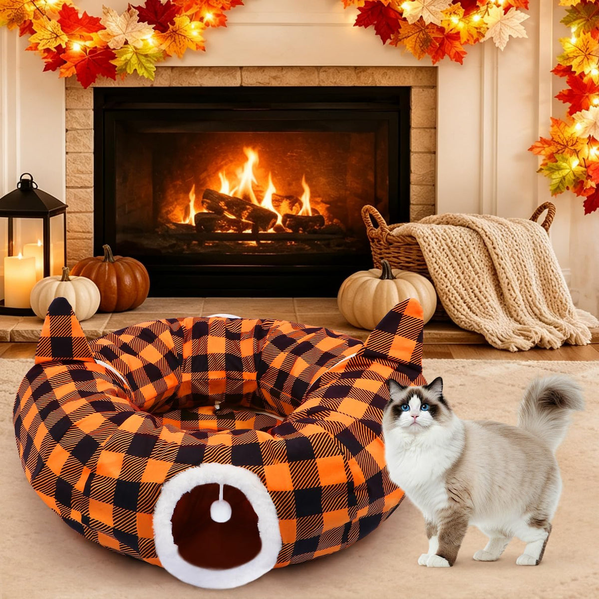 Thanksgiving Fall Cat Tunnel Bed, Cat Bed Cave Donut Tunnel for Indoor Cats