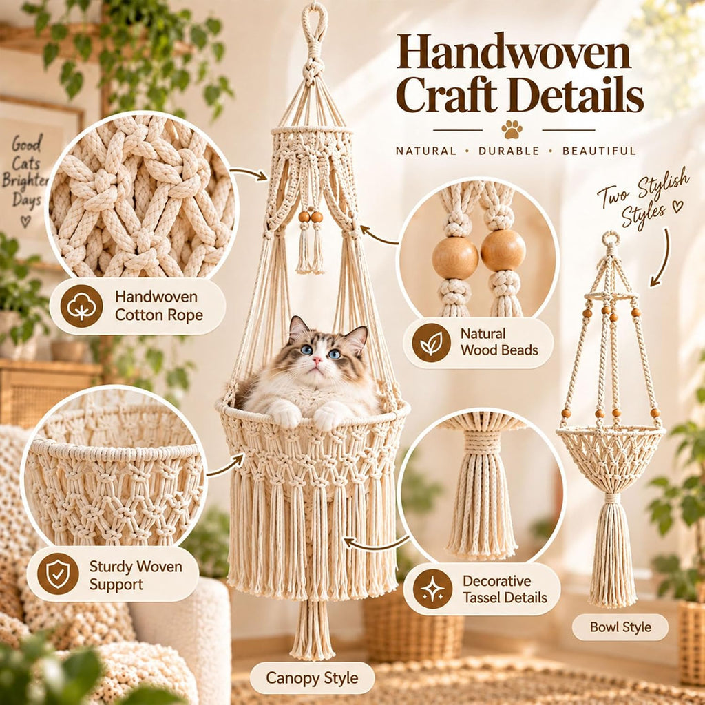 Boho Hanging Cat Bed, Macrame Cat Hammock with Plush Cushion (#A)