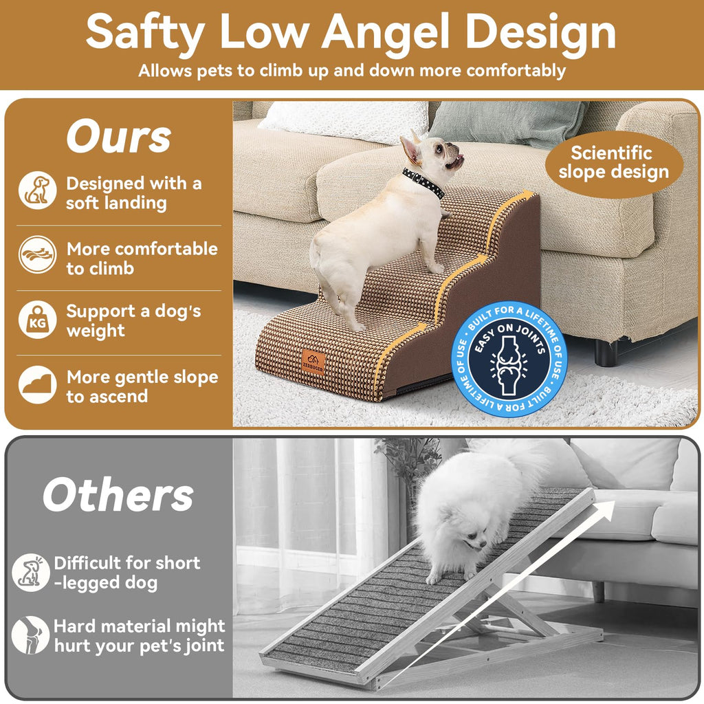 Zerbuger Dog Ramp and Stairs for Bed, Coffee 3 Steps 16" H, Nonslip Cover