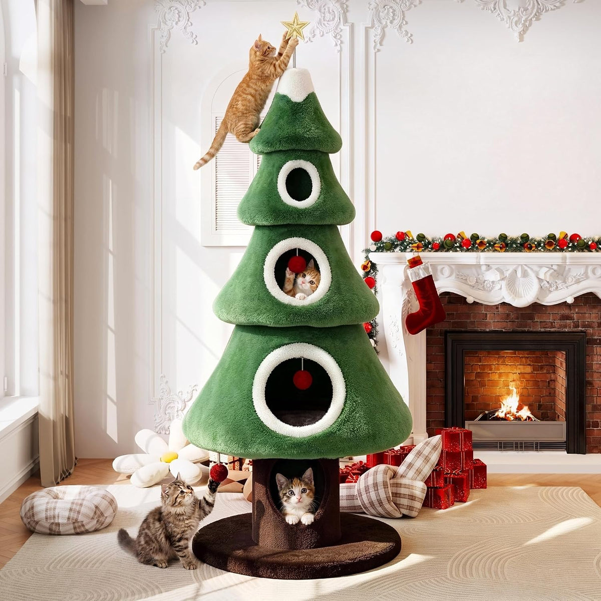 SHA CERLIN 76" Christmas Cat Tree Tower, Multi-Level Condo for Indoor Cats