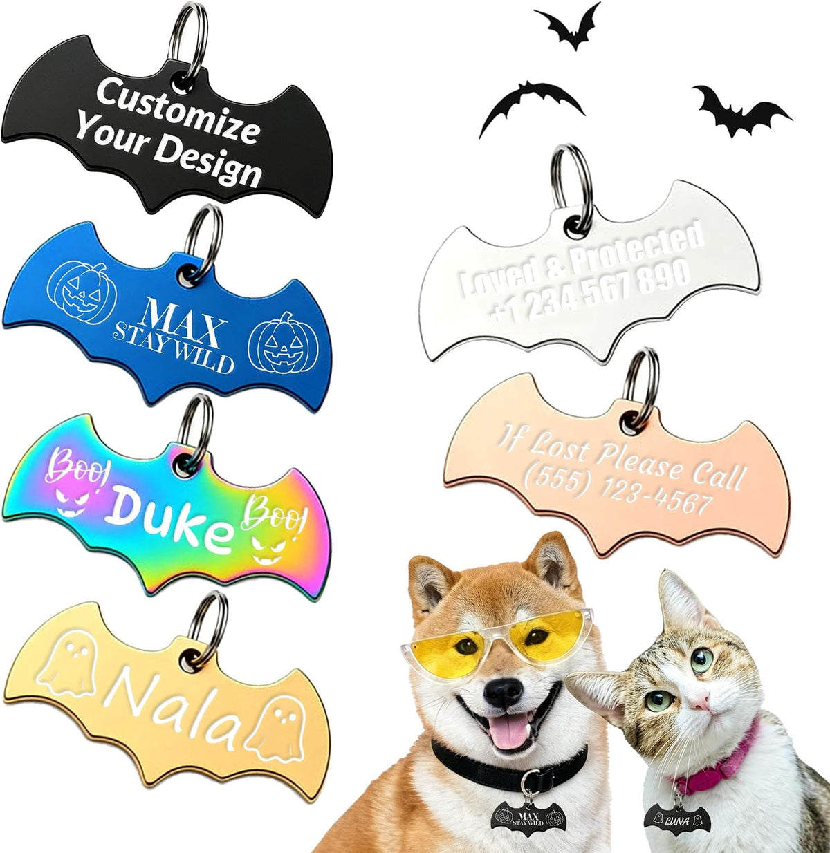 10 pcs Custom Bat Pet ID Tags, Engraved Stainless Steel Dog Cat Tags