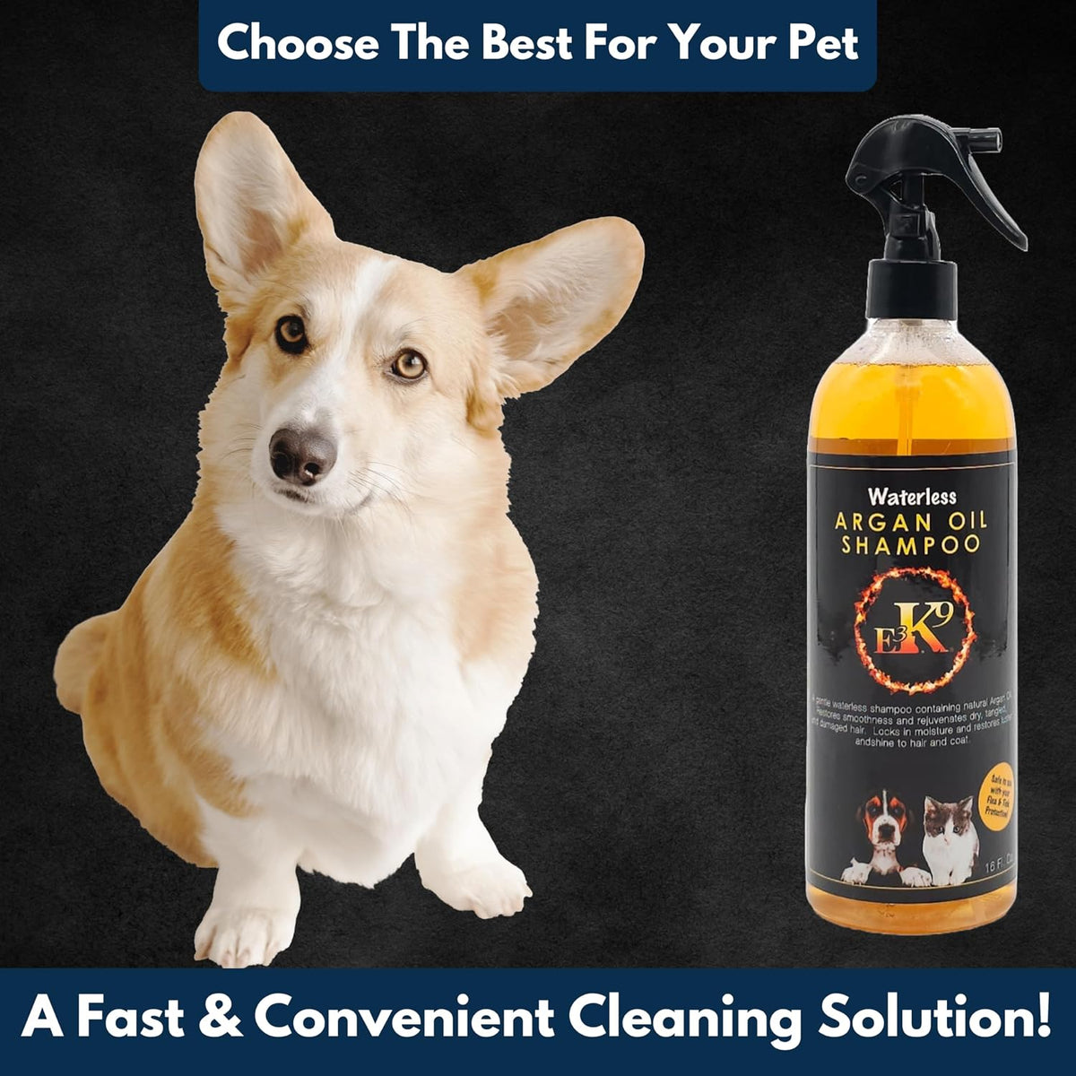 E3K9 Waterless Dog Shampoo 16 oz - Argan Oil Scented Dry Shampoo for Dogs & Cats - No Rinse - Waterless Pet Shampoo for 