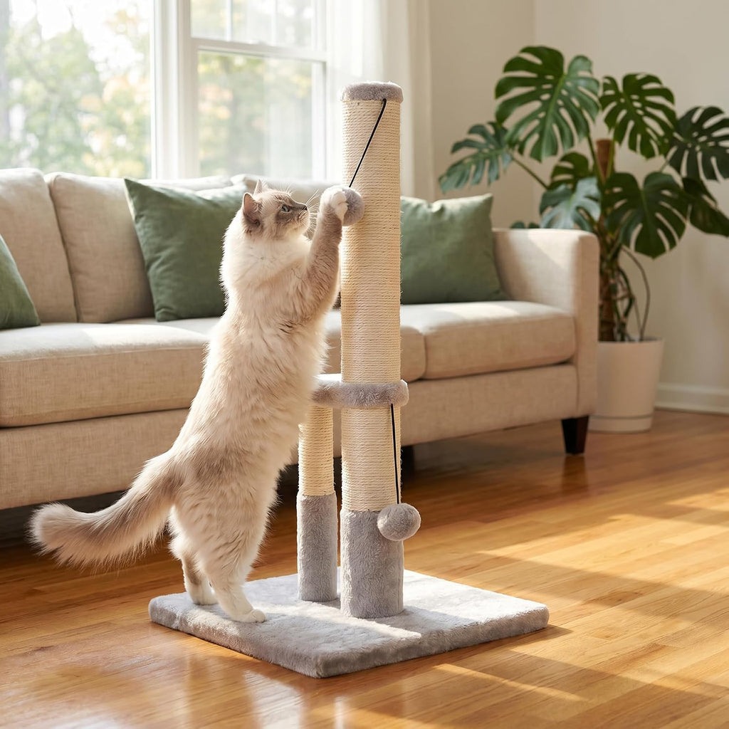 Dimaka Tall Cat Scratching Post, Double Lower Posts Extra Stable Cat Post Tree Scratcher with Sisal Rope and Teasing 4 B