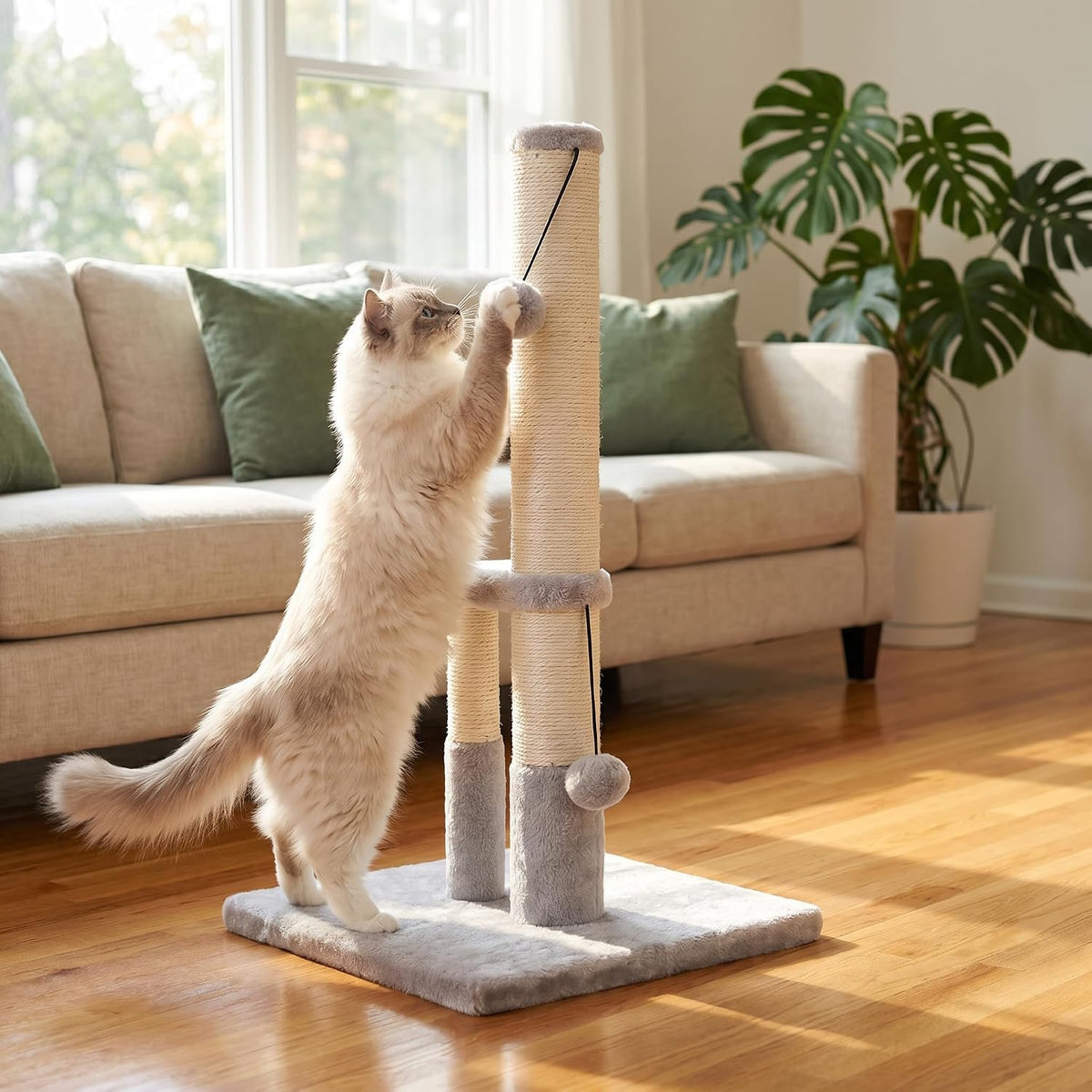 Dimaka Tall Cat Scratching Post, Double Lower Posts Extra Stable Cat Post Tree Scratcher with Sisal Rope and Teasing 4 B