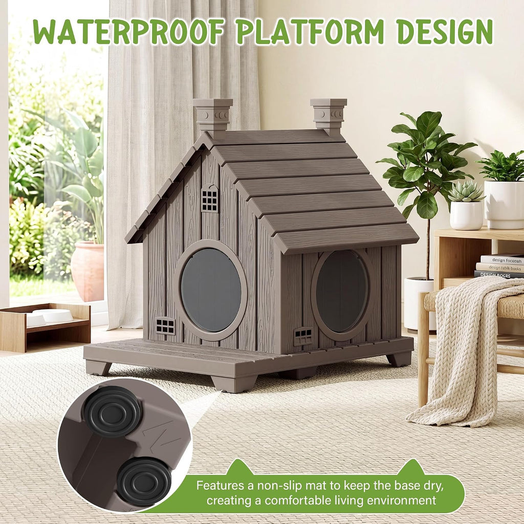 Outdoor Cat House Weatherproof, Durable Resin Cat Houses for Outdoor Indoor Cats, Litter Box Enclosure with Elevated Bas