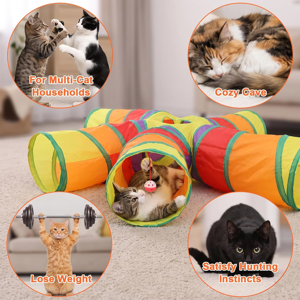 5-Way Cat Tunnels for Indoor Cats Large Colorful 5-Way Play Maze Tube Toy