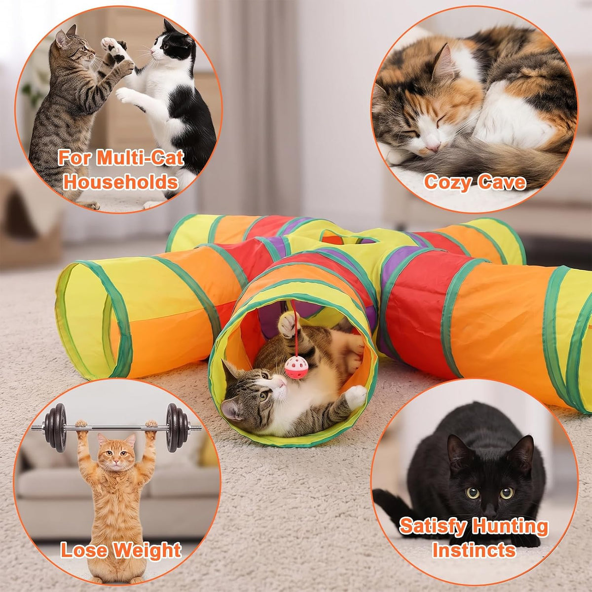 5-Way Cat Tunnels for Indoor Cats Large Colorful 5-Way Play Maze Tube Toy