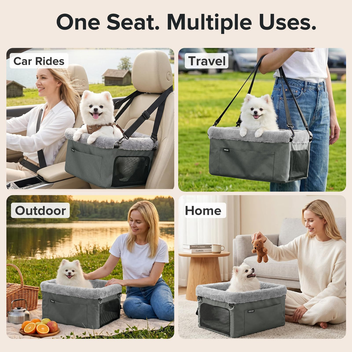 JOEJOY Deluxe Dog Booster Seat with Sturdy Metal Frame and Safety Leash for Small Pets up to 20 lbs - Portable Puppy Dog Car Seat with Thick Cushion and Storage Pockets for Small Dogs, Grey