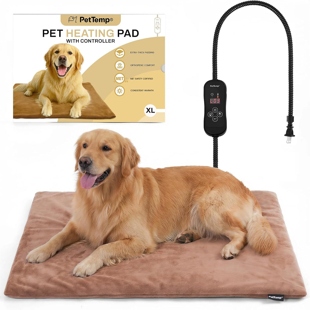 Dog Heating Pad, Heated Cat&Dog Bed, 5 Temps & Timer, Safety Listed, Brown