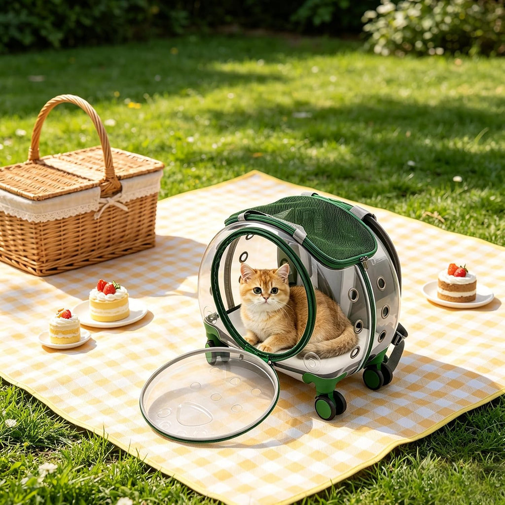 Portable Clear Cat Carrier, Pet Trolley Case with Silent Wheels, Green