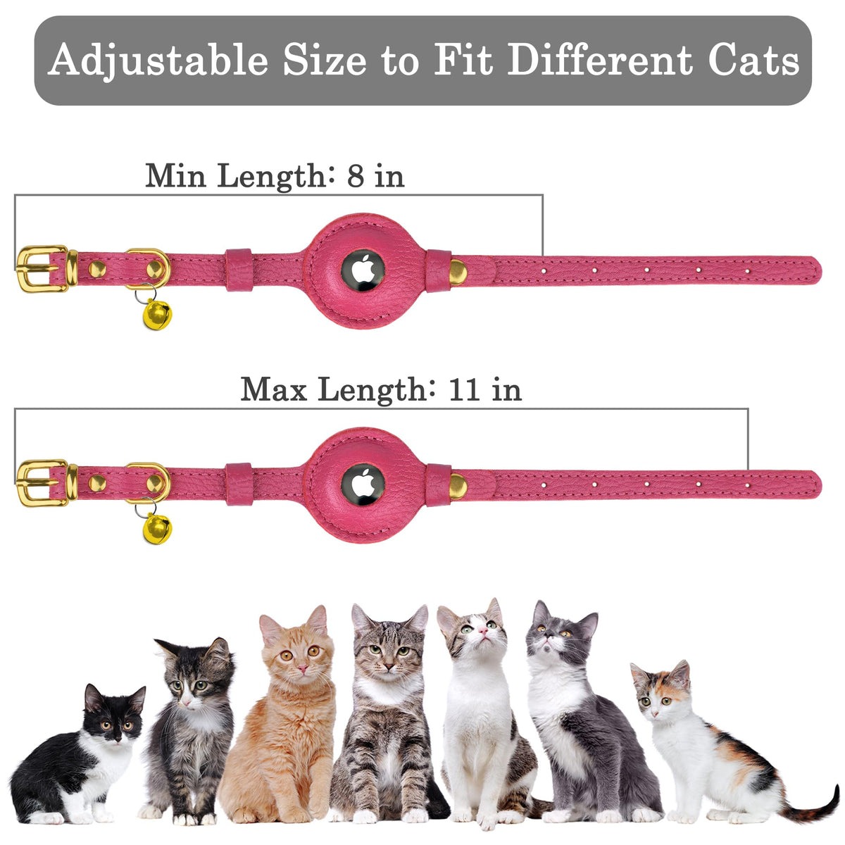 OOPSDOGGY Leather AirTag Cat Collar with Bell - Non Breakaway Kitten Collar with Apple Air Tag Holder - Lightweight GPS Pet Collars for Girl Boy Cats, Small Dogs, Puppies (Pink)