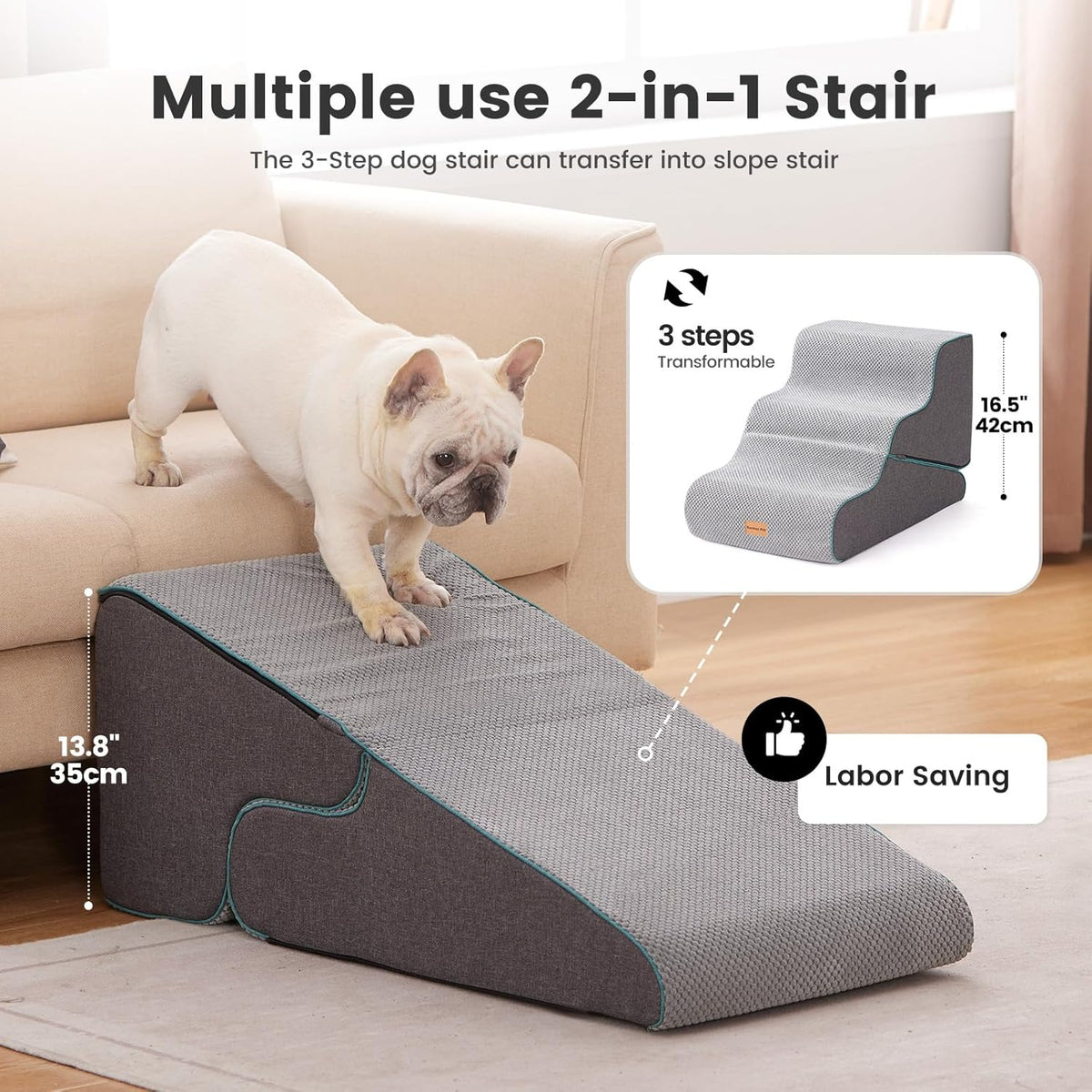 Gardner Pet Dog Stairs for Small Dogs 16.5" H, 2 in 1 Transformable 3-Step Pet Stairs and ramp, Dog Steps for Couch (13-