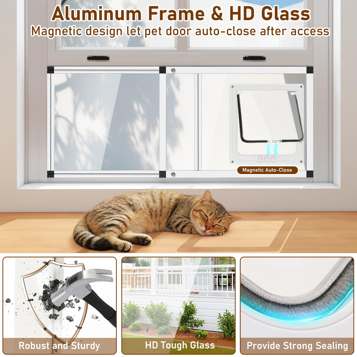 Full Glass Cat Door for Window,32"-37" Adjustable Width,1-Min Install | 4 Locking Modes,Aluminum Frame,HD Glass,Magnetic Closure,Weatherproof Sliding Pet Door Window Insert for Cats Catio