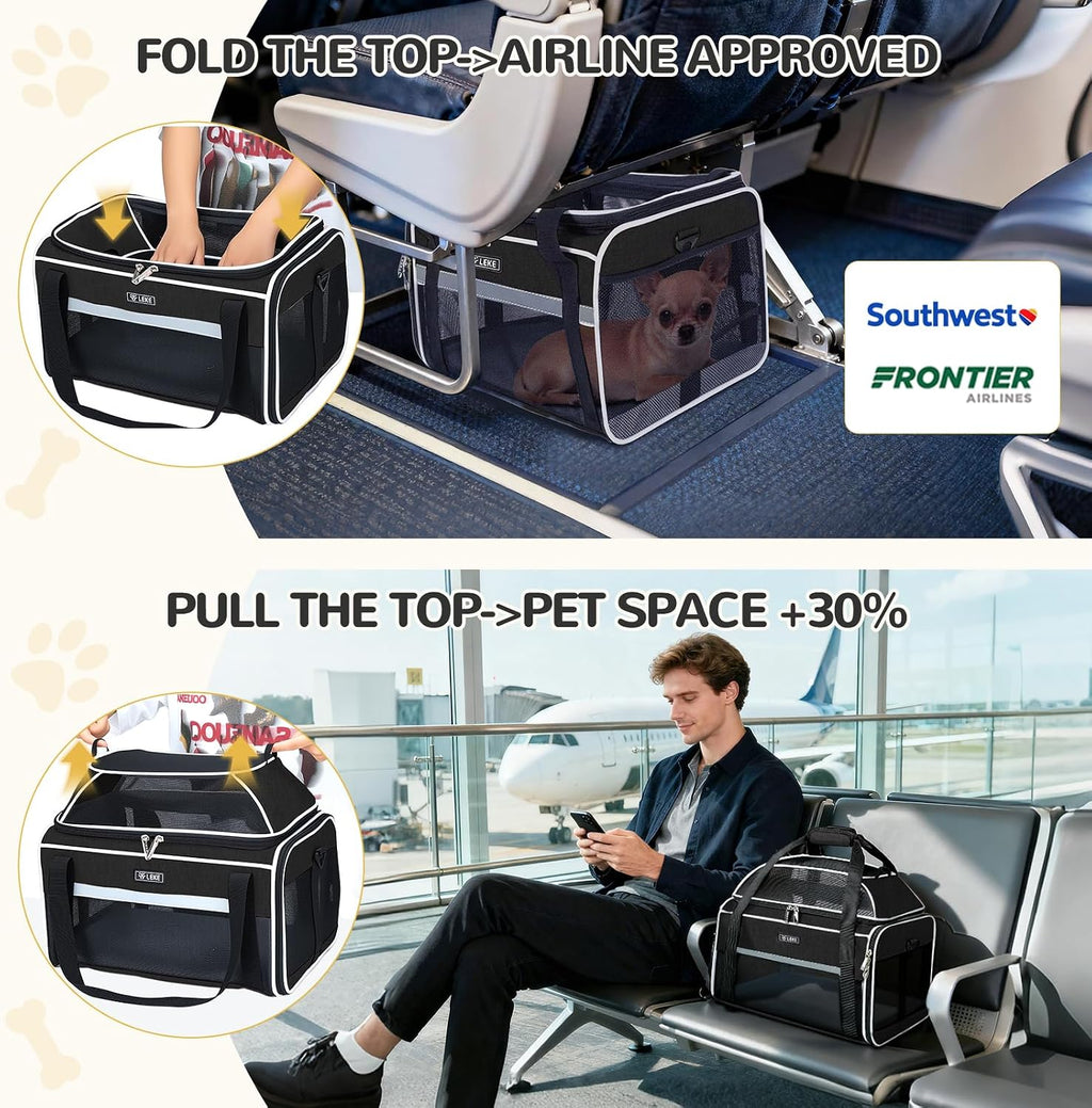 Lekereise Top-Expandable Pet Carrier 18x13x9.5 Inch Southwest Frontier Airline Approved Soft Sided Underseat to 15lbs Tr