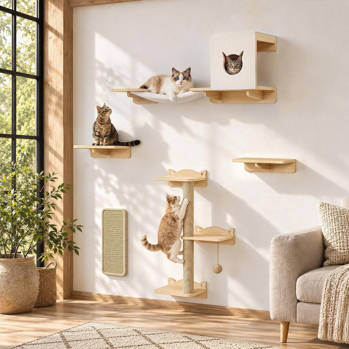 Wood Cat Wall Shelves, 11-in-1 Set, Wall Mounted Cat Shelf, Beige