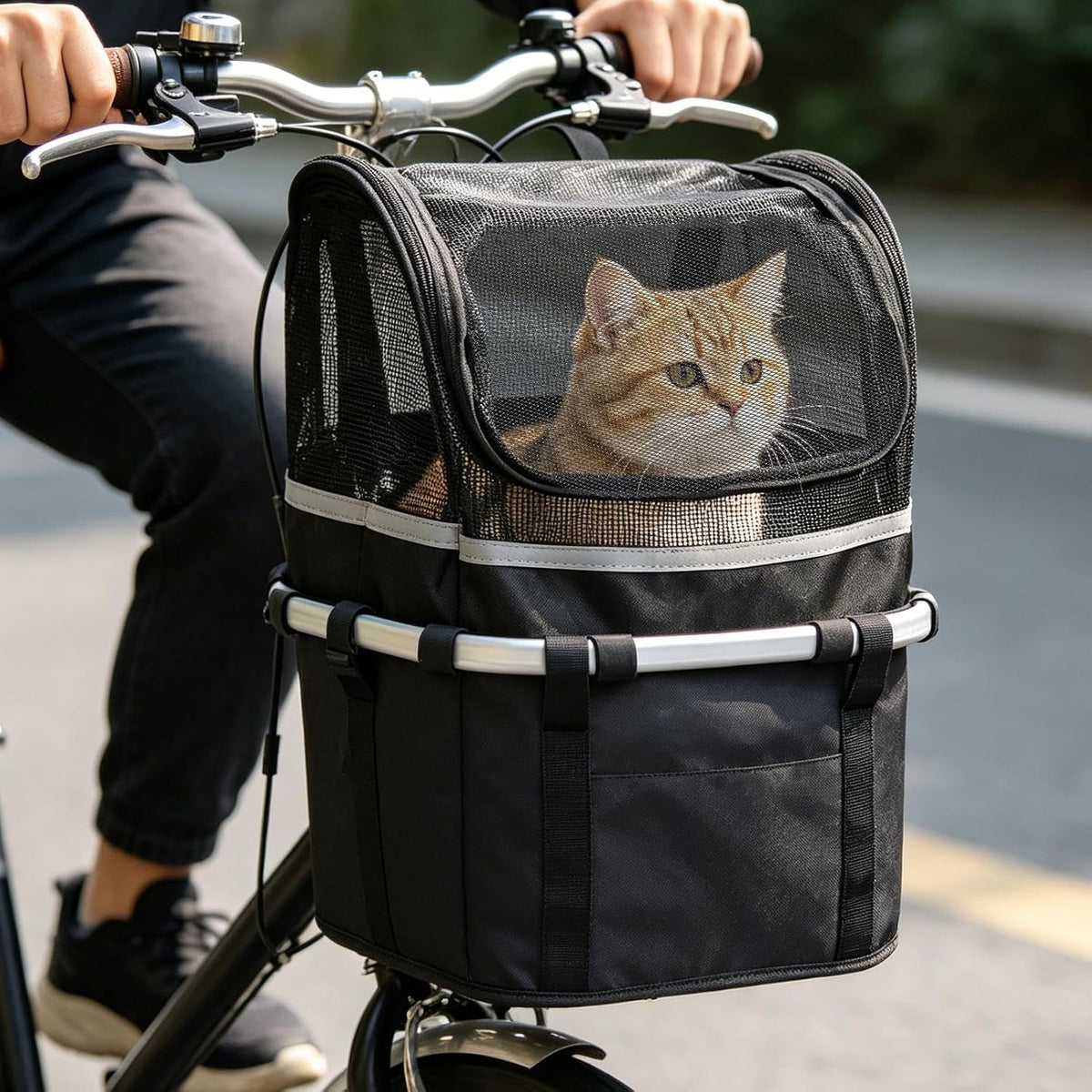 Pet Bicycle Basket with Mesh Window, Waterproof Lining