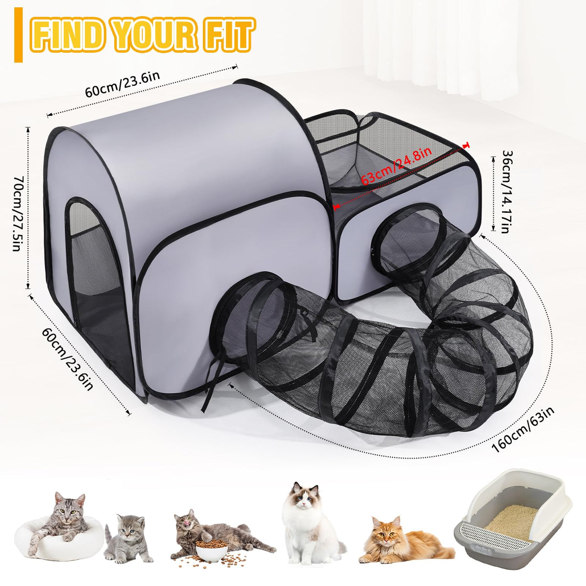 Tailtastic Indoor/Outdoor Cat Playpen with Surround Tunnel 2 Zones Grey
