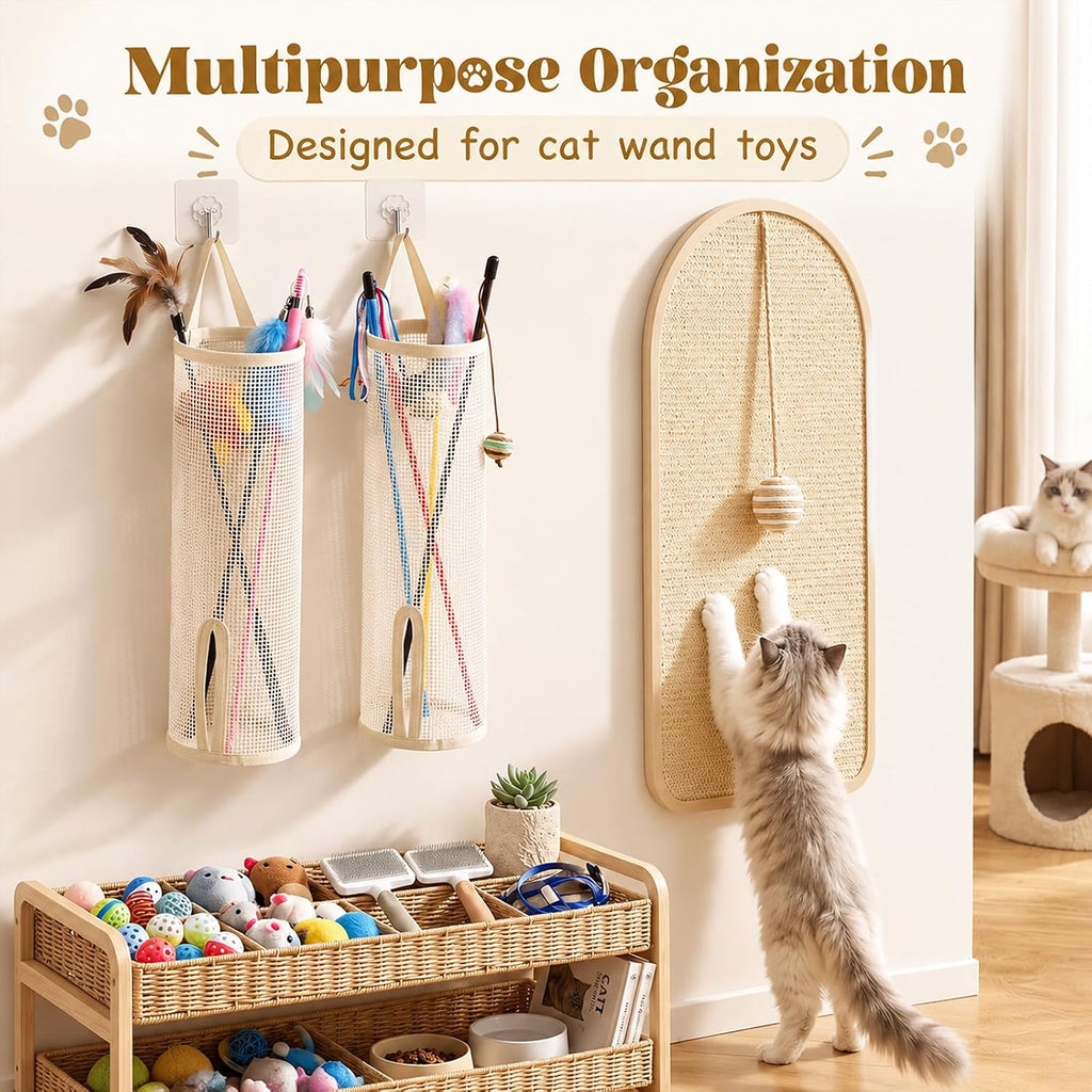 Hsei 4 Pack 15.16" Cat Wand Toy Organizer, Mesh Storage Bag Holder & Hooks