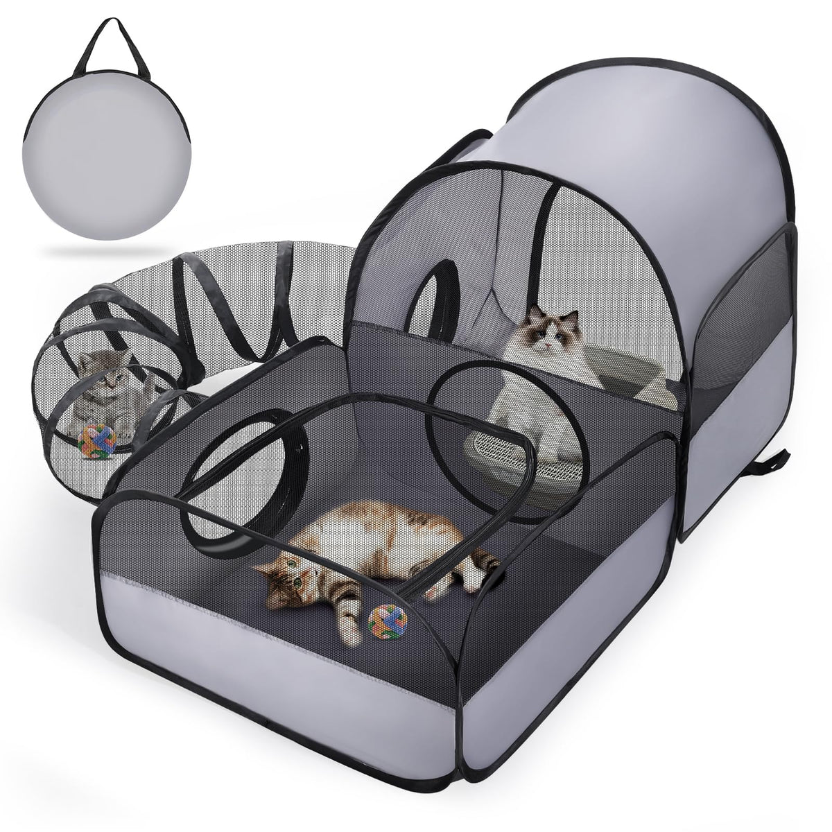 Tailtastic Indoor/Outdoor Cat Playpen with Surround Tunnel 2 Zones Grey