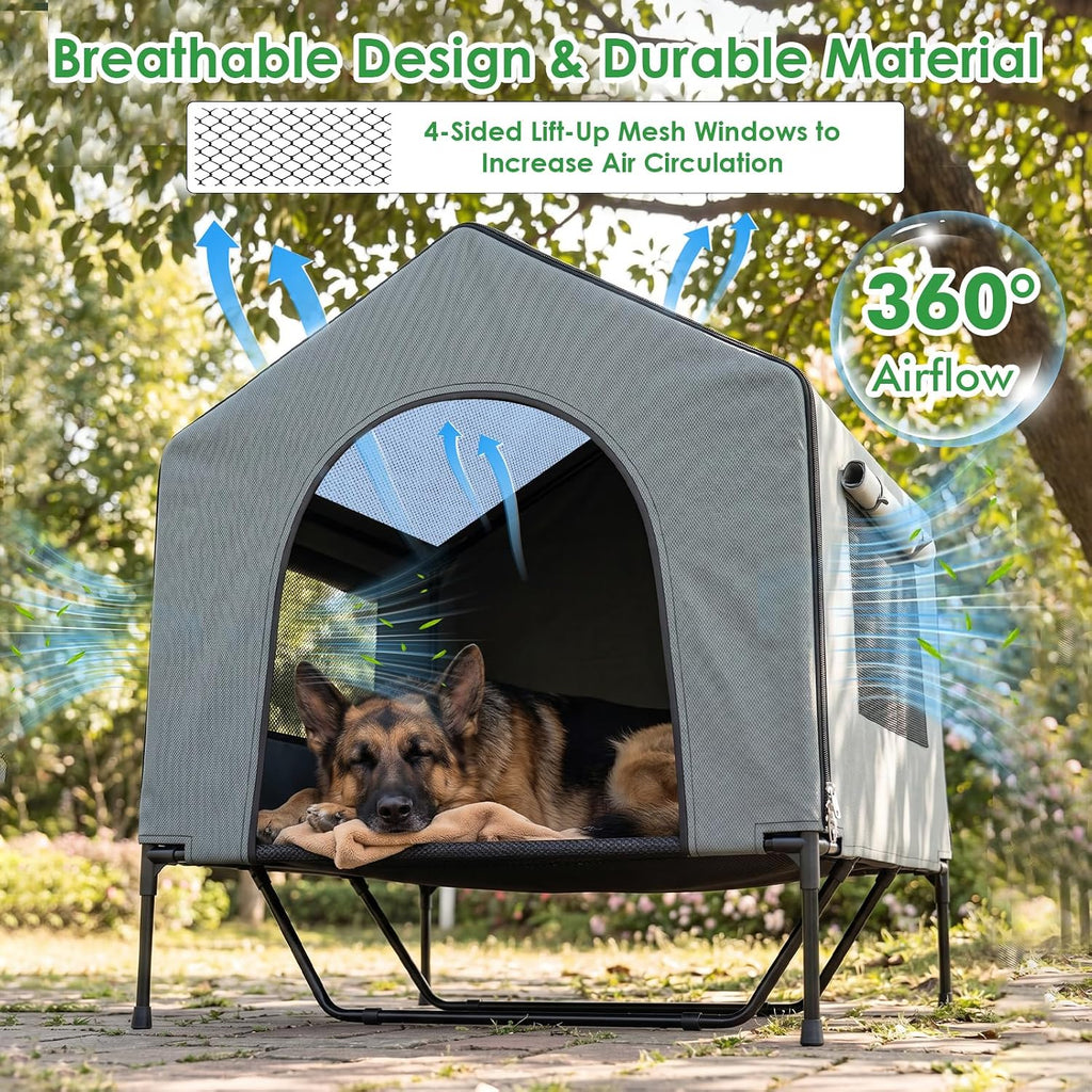 XPIY 3-in-1 Extra Large Dog House Outdoor, 43" Elevated Dog Bed with Canopy