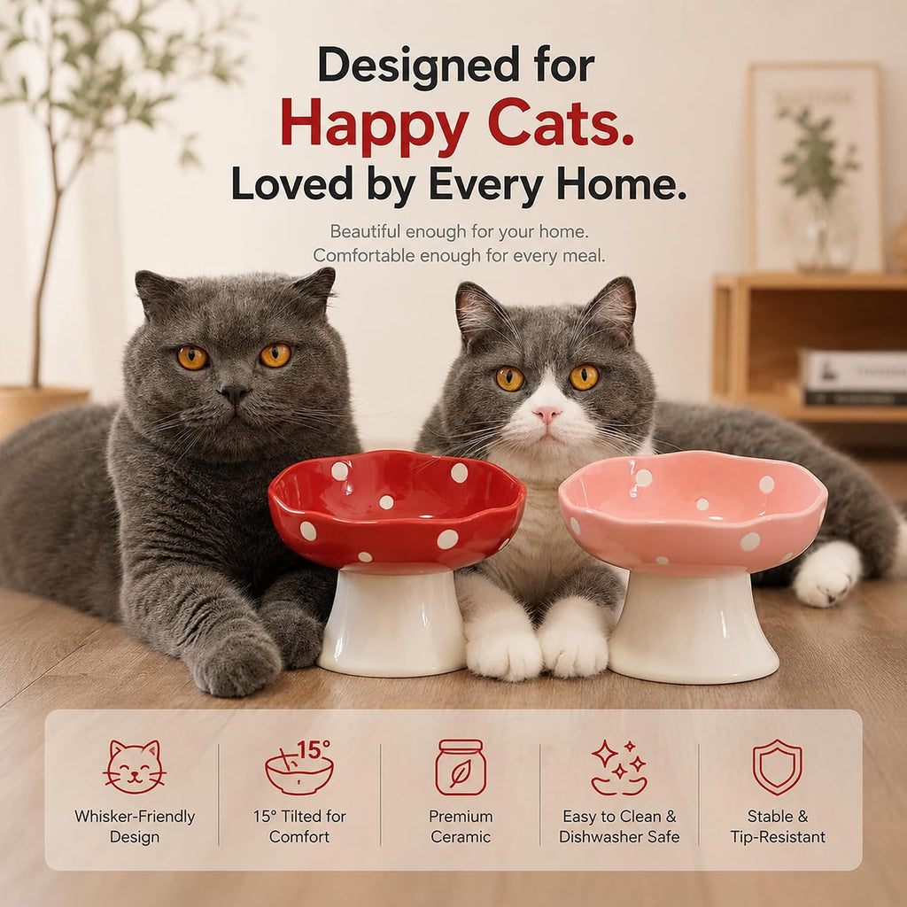 Red Mushroom Cat Bowl, Elevated Ceramic Bowl for Cats